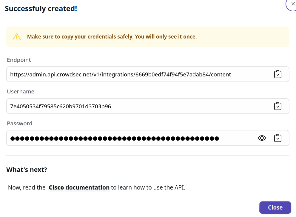 Cisco Integration Credentials Screen